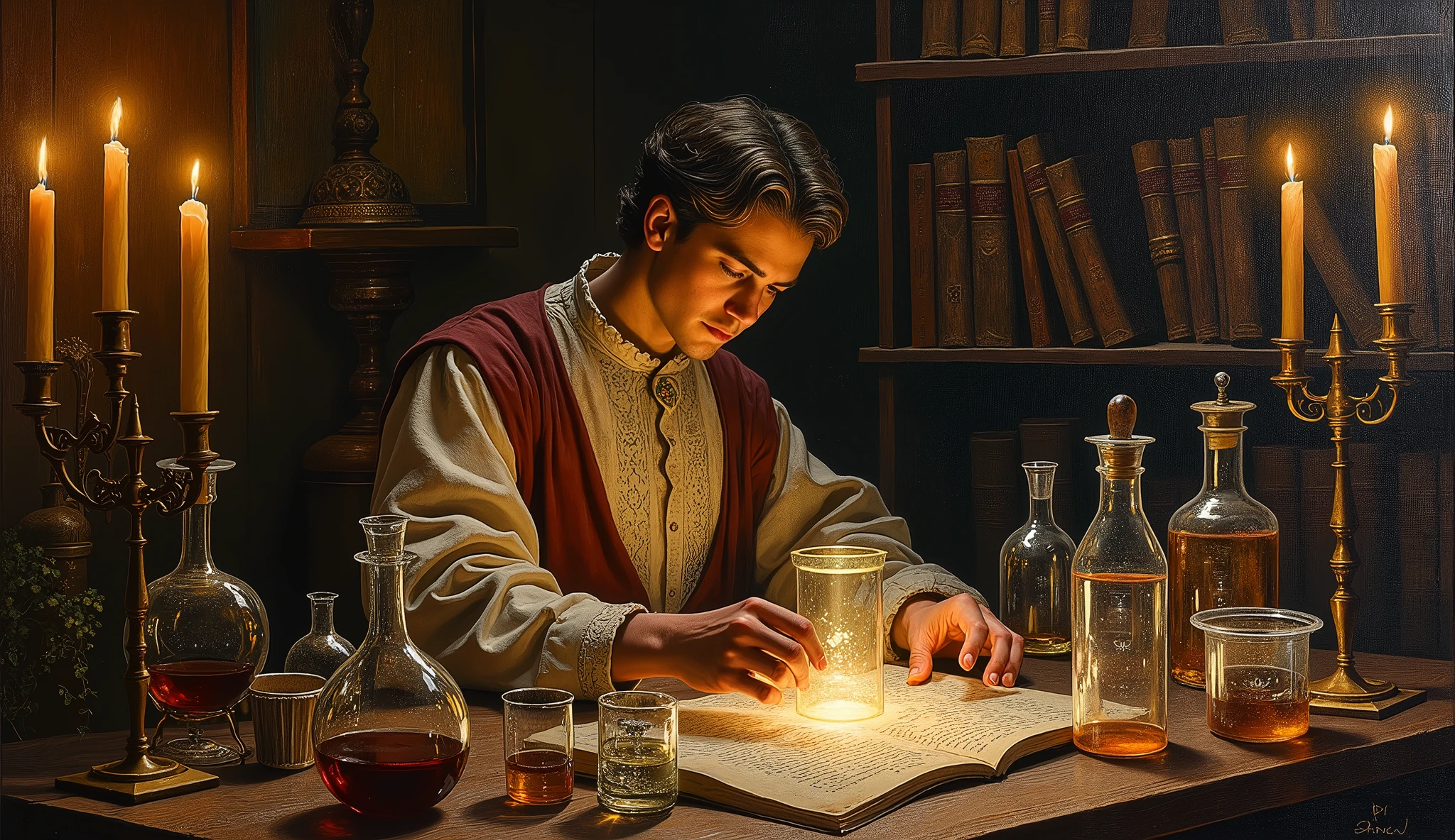 a Renaissance style painting of a person doing chemical experiments