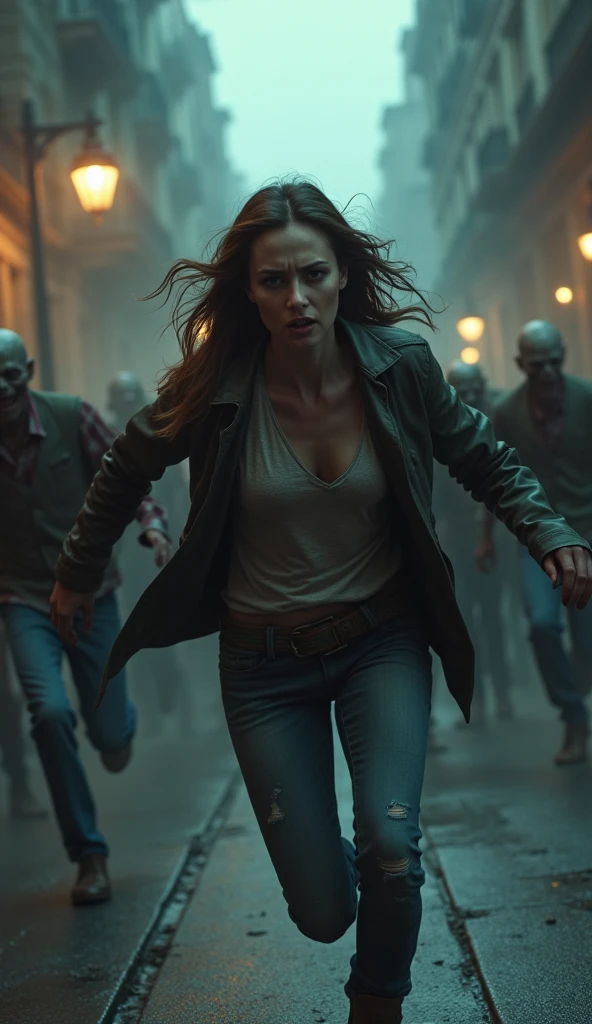 "A dramatic and intense book cover, featuring a woman desperately fleeing from a horde of zombies. The woman is in the foreground, expressing fear and determination through her expression. She&#39;s dressed in tattered clothes and is running down a dark, desolate city street. A horde of creepy and frightening zombies are closing in on her. The scene is dark and atmospheric, with a realistic and grim style. The book&#39;s title is prominently displayed at the top in a bold, old-fashioned font."