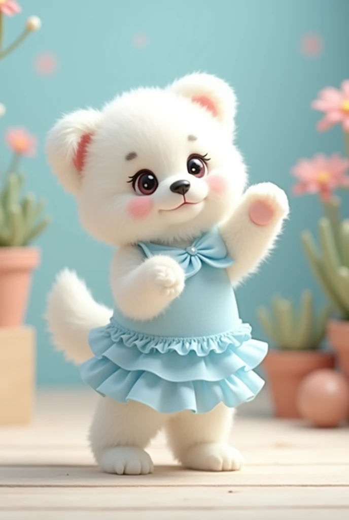A small puppy dog standing on its hind legs,The cutest white puppy I know,The most adorable looking thing I&#39;ve ever seen!!!,
Cute Background,He dances,
She is wearing a light blue, frilly outfit that looks like a cute idol uniform..