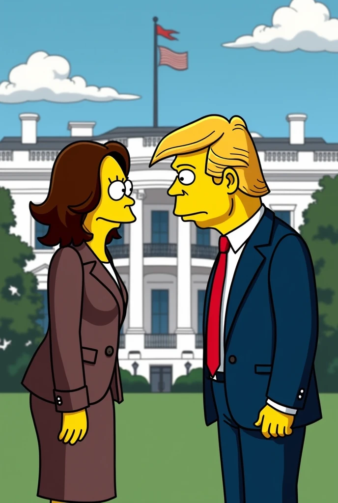 Kamala Harris with Simpson's drawing features attacking Donald Trump also with Simpson's drawing features in front of the White House (I changed the features)