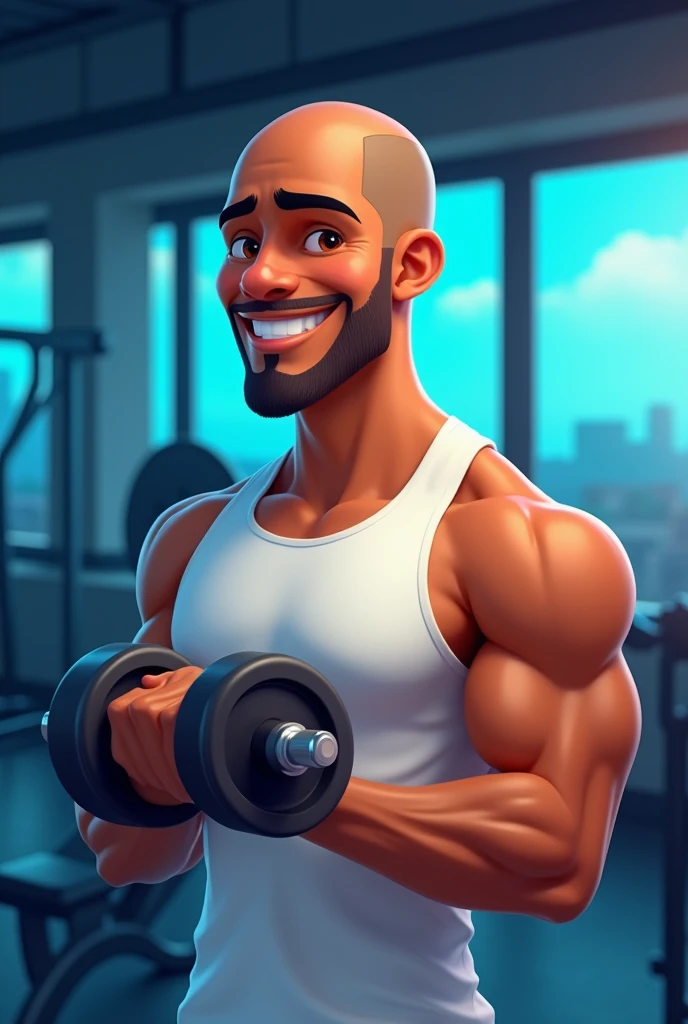 logo (coach Lucio)Pixar-style cartoon logo promoting logo Coach Lucio an 18-year-old bald brown skin color man smooth brown skin, and a bright, confident smile, wearing a crisp white tank top, holding dumbbells, gym background with subtle neon blue accents, evoking a sense of energy, strength, and motivation, arms and toned physique