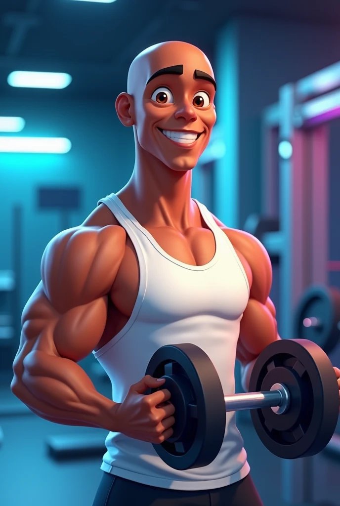 logo (coach Lucio)Pixar-style cartoon logo promoting logo Coach Lucio an 18-year-old bald brown skin color man smooth brown skin, and a bright, confident smile, wearing a crisp white tank top, holding dumbbells, gym background with subtle neon blue accents, evoking a sense of energy, strength, and motivation, arms and toned physique