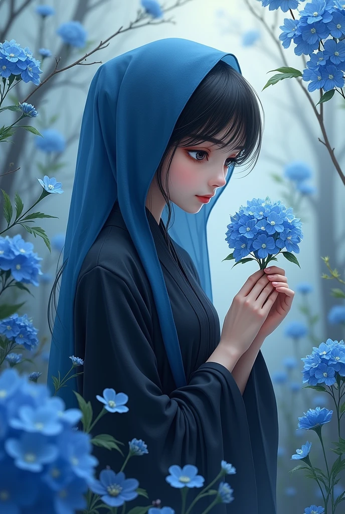 A girl, wearing a black robe and a blue headscarf that covers all of her hair. Both of his eyes are jet black. Holding a blue spider lily flower, looking at the flowers with a warm smile. There are cherry blossoms around it, Blue Hydrangea, and forget-me-not flowers. Be in a cool place, calm, and peace.