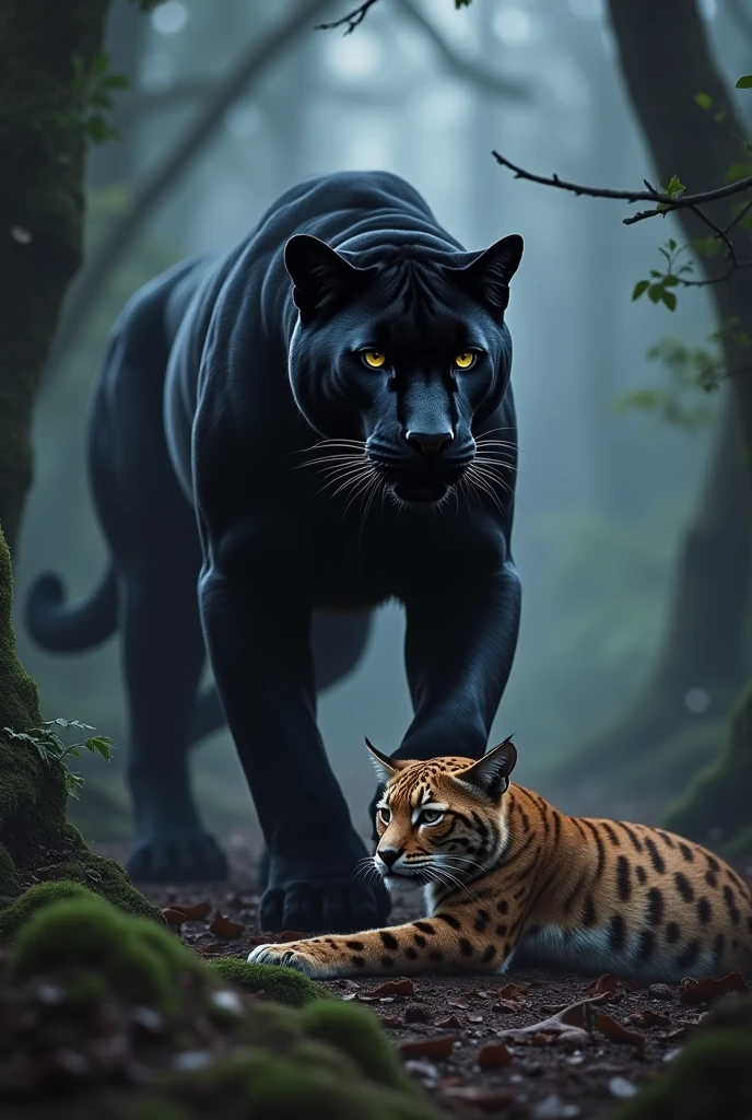Black panther standing on a dead lynx that it fought. In a scary forest
