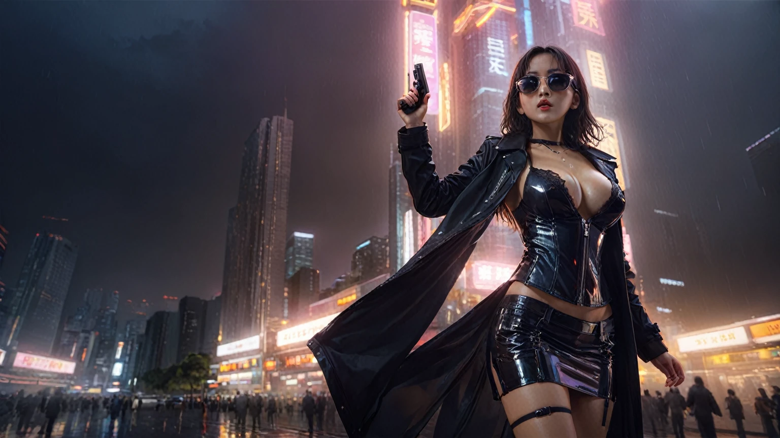 Blade Runner style futuristic Tokyo city, flying cars, neon lights, rainy night. (1girl, solo, alone), large-breast:1.2 slim body, oval:0.8 face, cleavage:1.1, sexy laced lingerie, low angle view of miniskirt, jacket, (black micro sunglasses), (holding a short gun), half-body thigh level medium shot, cinematic lighting, ray tracing.