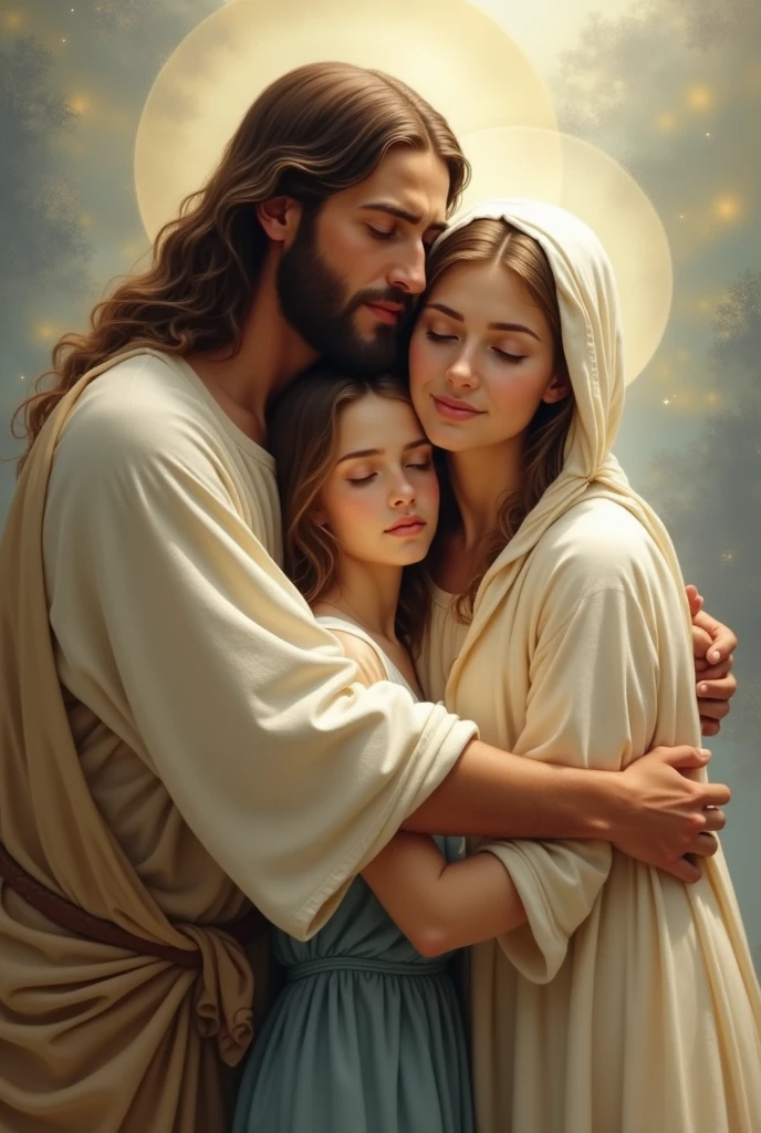 Jesus and Our Lady embracing a young woman