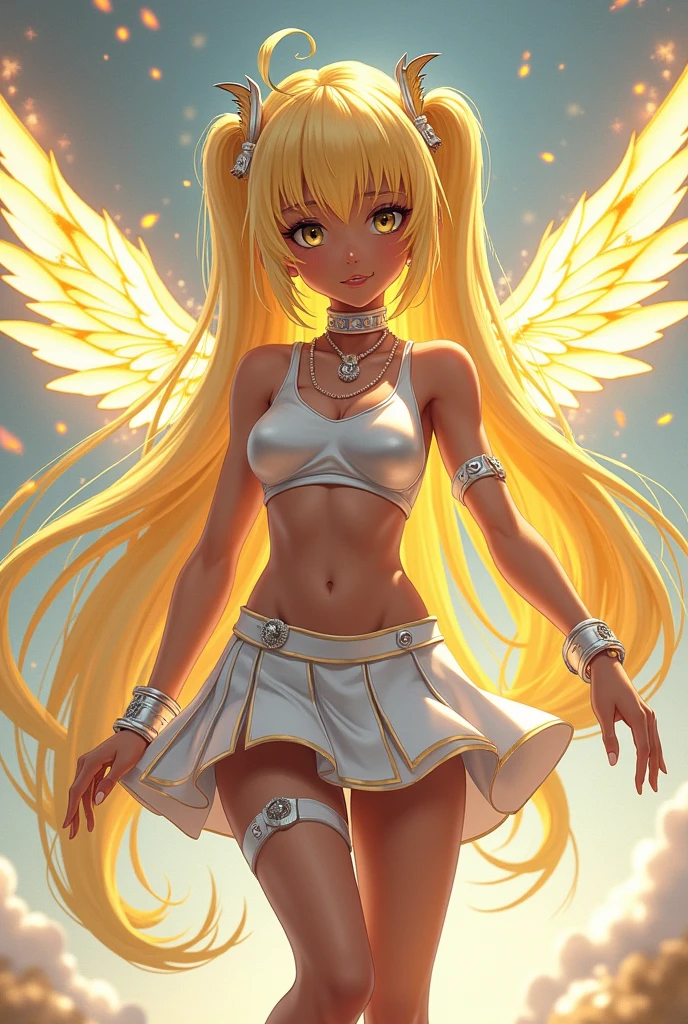 A girl with dark skin like anime, with a silver top, and bracelets on silver hands, with a silver skirt that covers her right leg but the left leg is very short up to the thigh, Her hair is straight, waist-length and is light yellow in color., Her hair is loose but she has two pigtails in the back., and has silver accessories on his head, has golden wings of course 