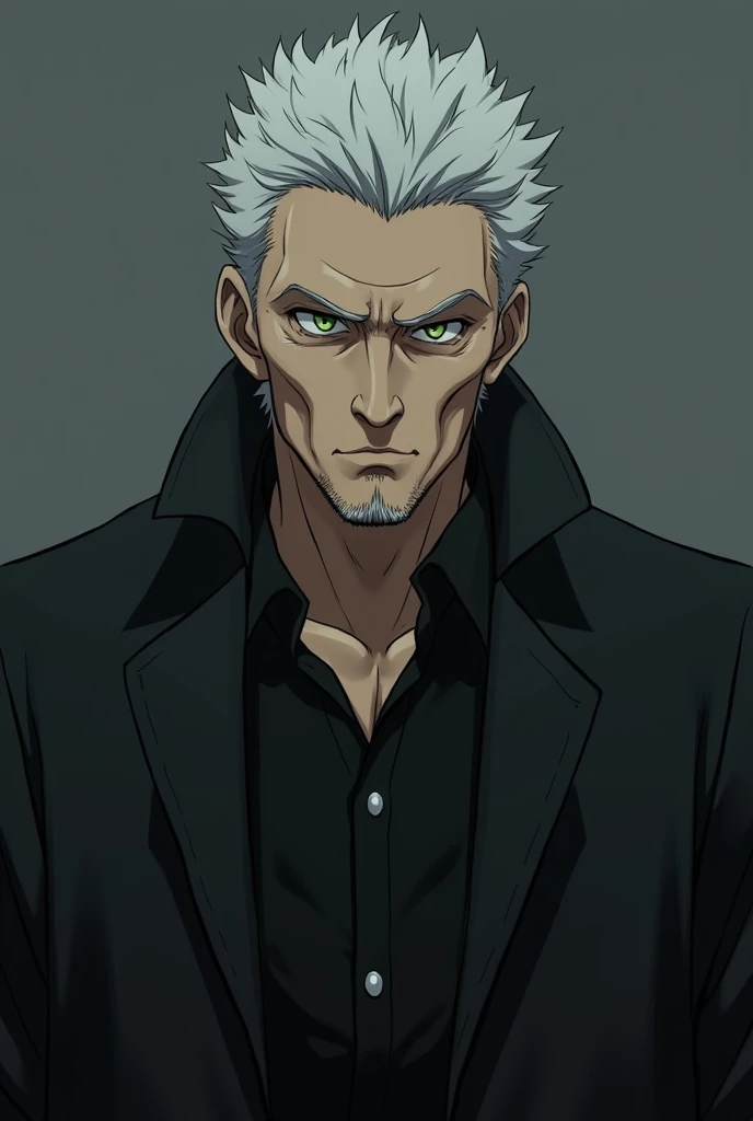 More mature anime style image. Gray image background. A man in his 50s, serious look, unshaven, short white hair and light green eyes. He wore a black dress blouse with the buttons open and on top of it a heavy black coat.