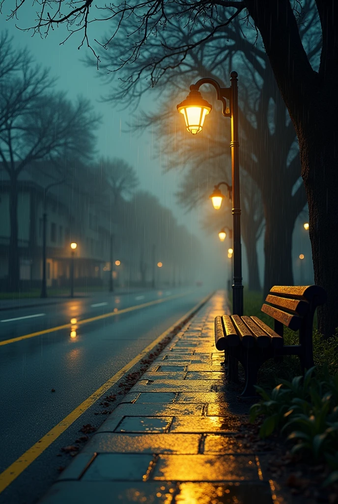A picture with small darkness but colours,with street lamp with medium yellow lightning and a clean road after rain with yellow strips and a old park bantch