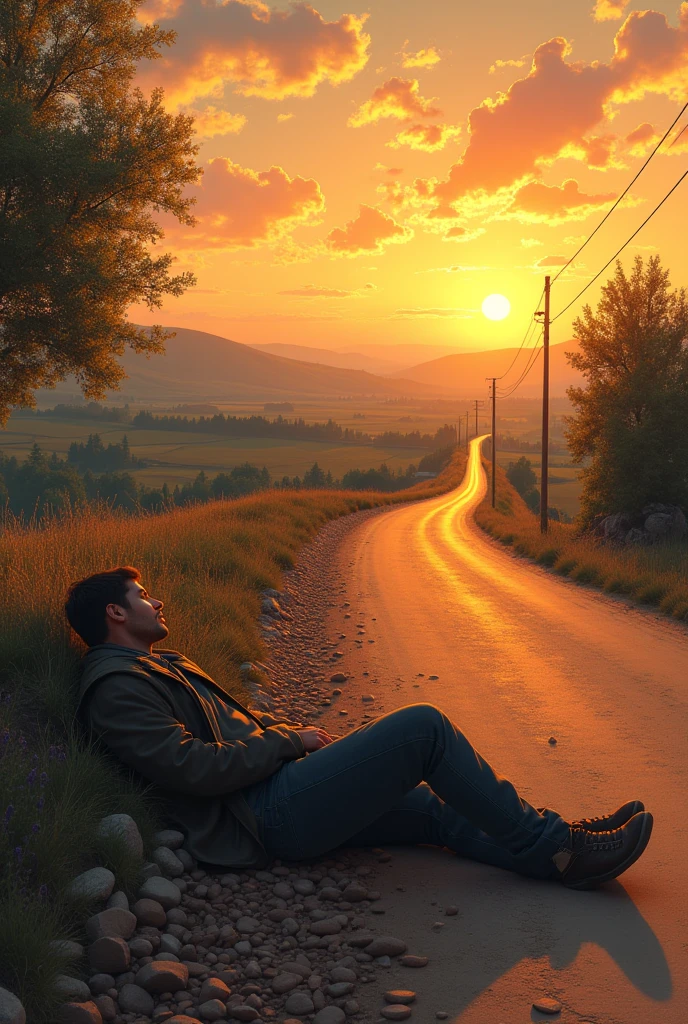 it is Sunrising, a man lying on the side of a rural road with stones, 

