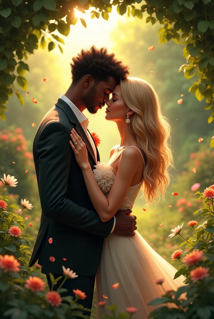 A white woman with blonde hair and a brown man with black hair in a garden couple
