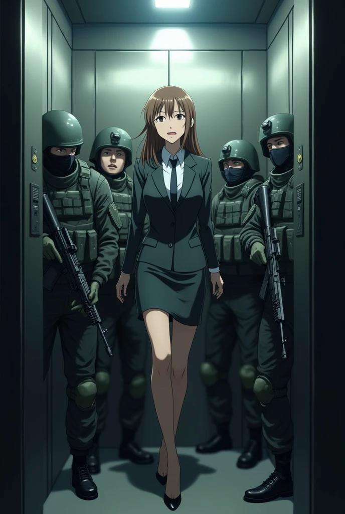 Anime office worker lady really stuck in elevator no space with anime fully covered soldiers cod men