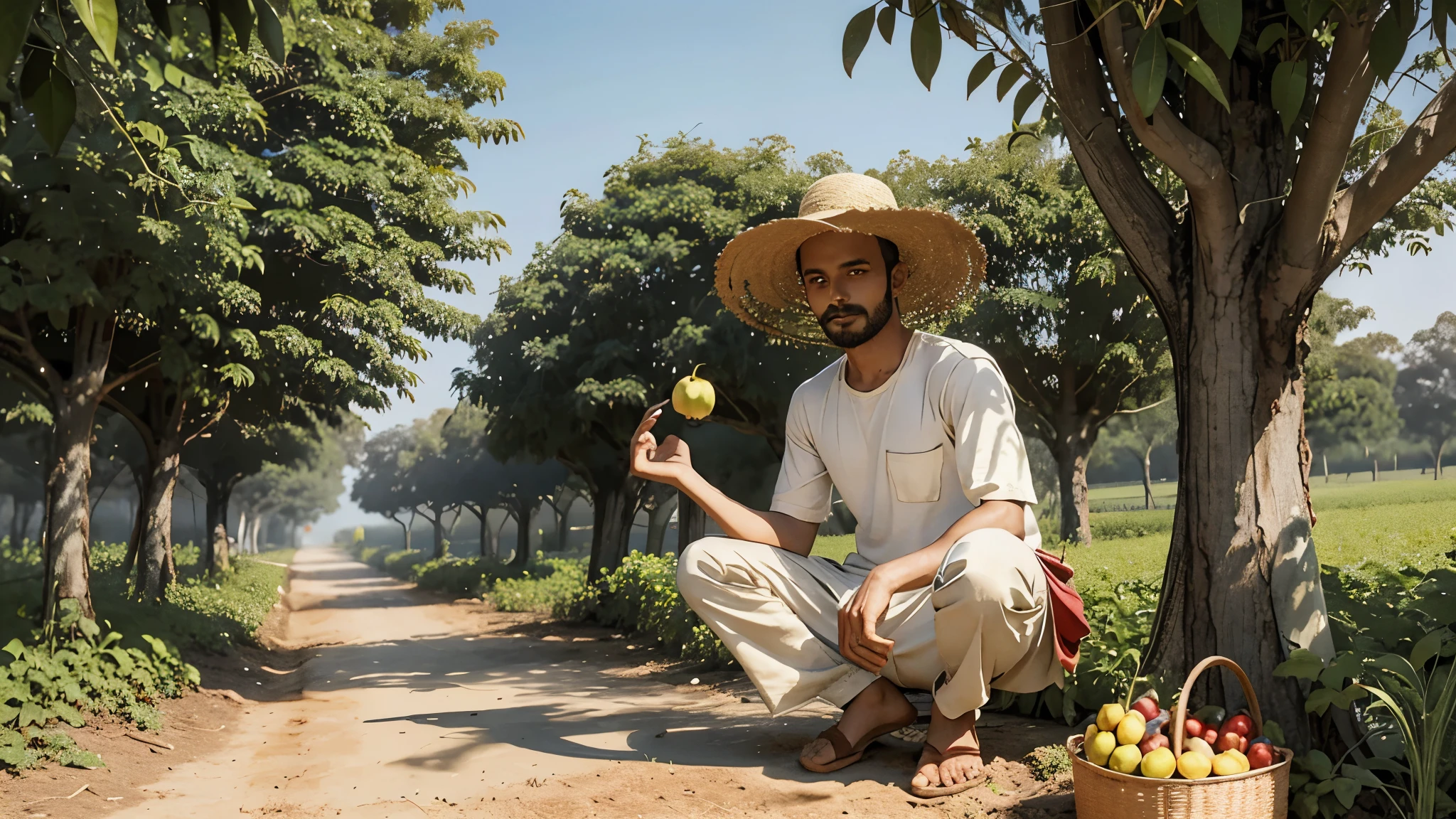  humble farmer named Raghu, wearing simple clothes and a straw hat, diligently tending to fruit trees in his field. The trees should be full of ripe fruit, with Raghu appearing focused and hardworking