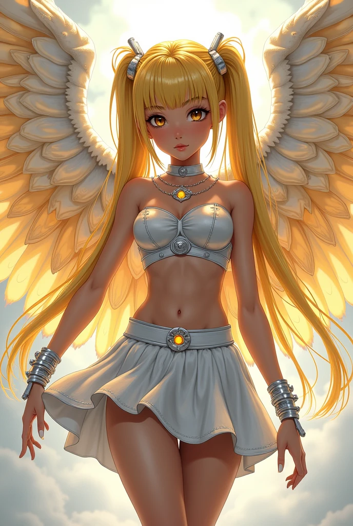 A girl with dark skin like anime, with a silver top, and bracelets on silver hands, with a silver skirt that covers her right leg but the left leg is very short up to the thigh, Her hair is straight, waist-length and is light yellow in color., Her hair is loose but she has two pigtails in the back., and has silver accessories on his head, has golden wings of course 