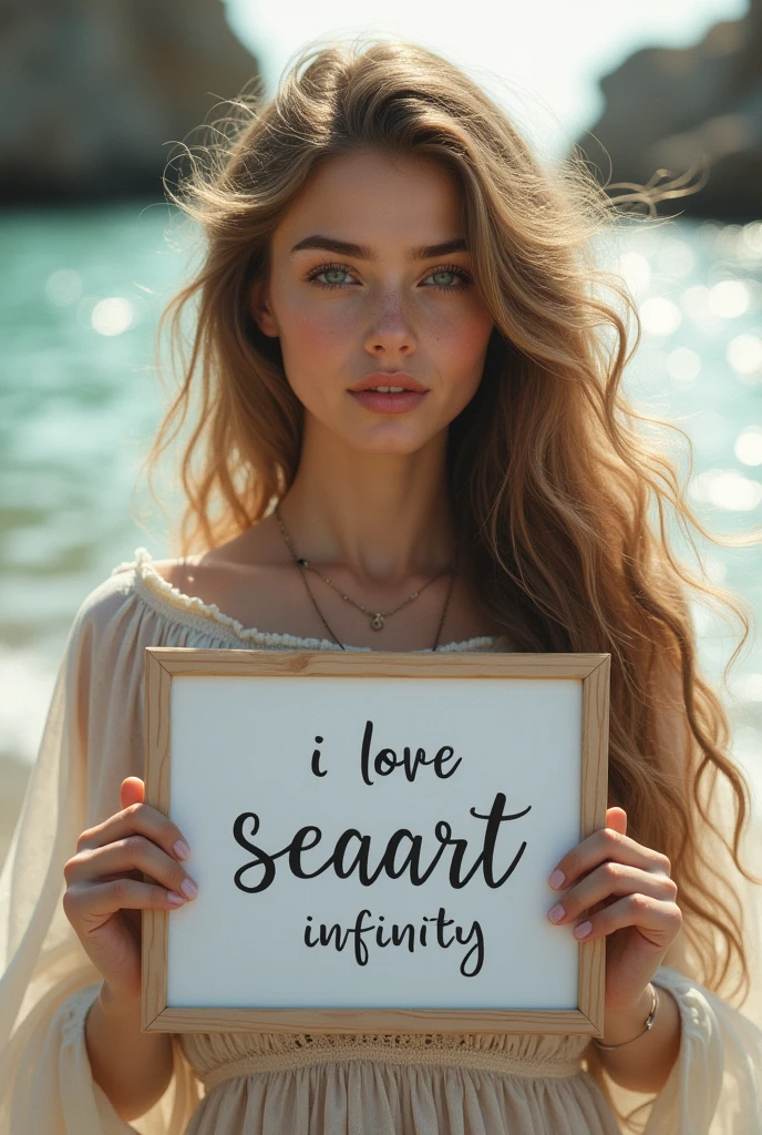 Beautiful girl with wavy long hair, bohemian dress, holding a white board with text "I Love Seaart Infinity" and showing it to the viewer