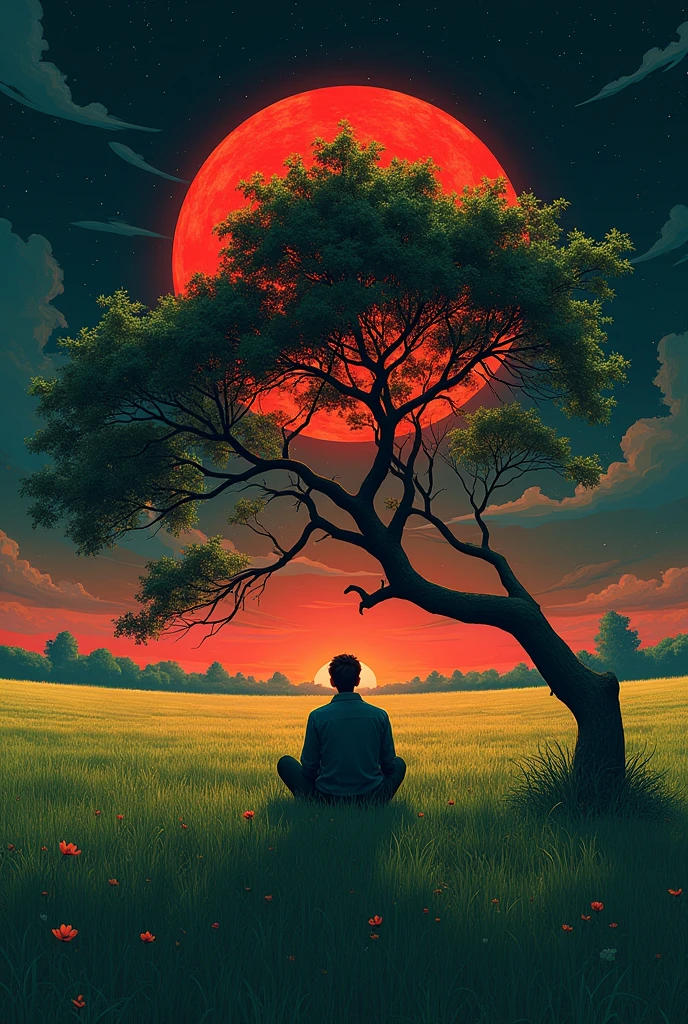 A green field, a man sitting under big tree shadow,black sky,red sun.