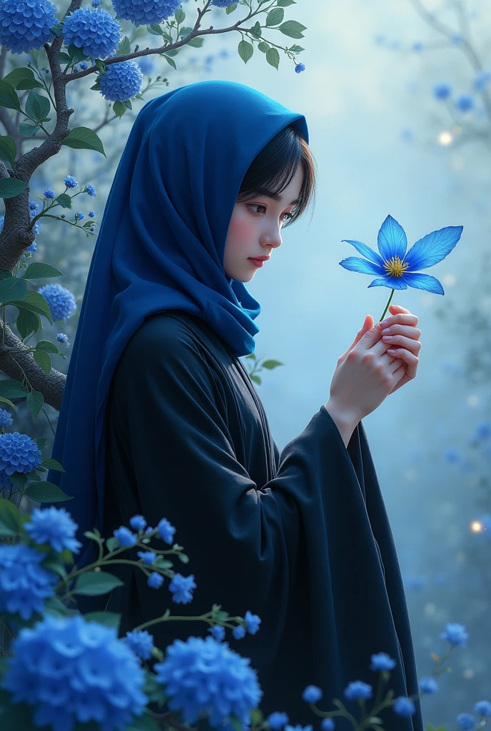 A girl, wearing a black robe and a blue headscarf that covers all of her hair. Both of his eyes are jet black. Holding a blue spider lily flower, looking at the flowers with a gentle smile. There are cherry blossoms around it, Blue Hydrangea, and forget-me-not flowers. Be in a cool place, calm, and peace.