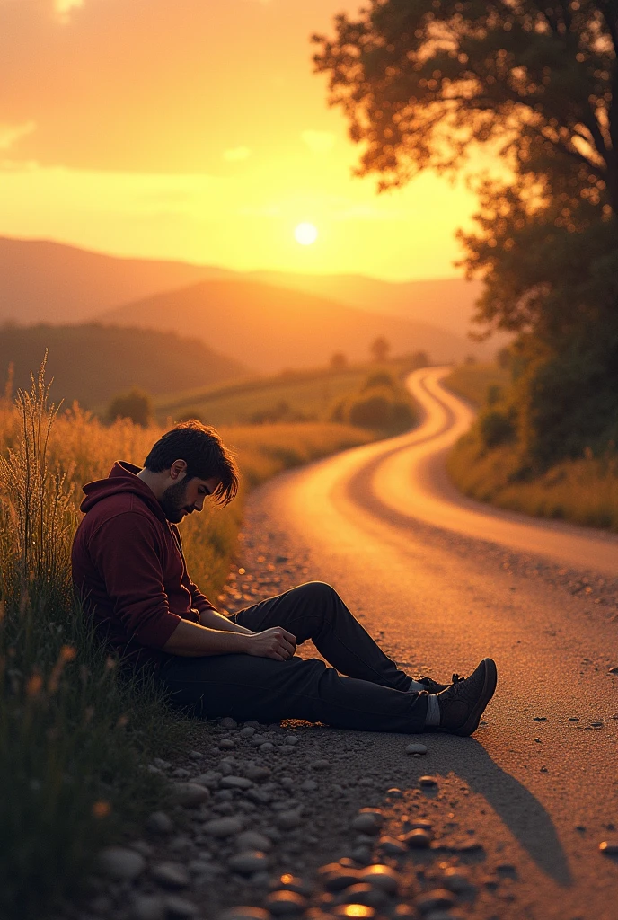 it is Sunrising, a man lying on the side of a rural road with stones,