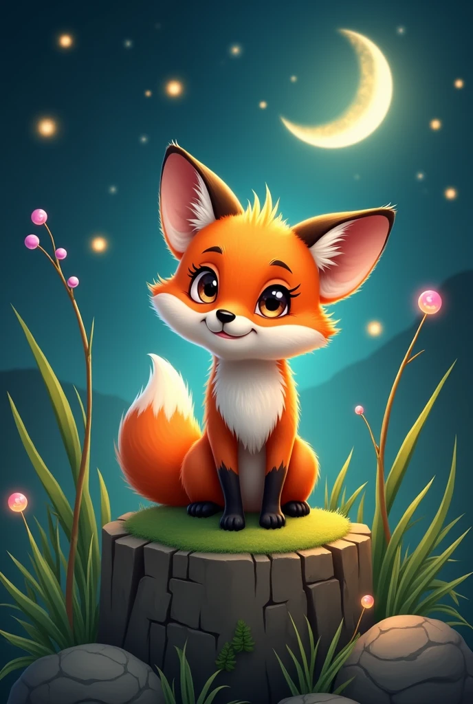 Cute Baby fox ,sitting on rock,Green Grass ON groundblack Background with moon,mystical spotlight,cartoon, Steampunk