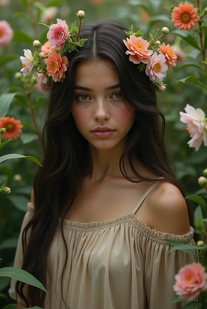 Sad Persian Latina girl, flowers her had, brown eyes, , in garden closed dress
this photo at sahara close dress