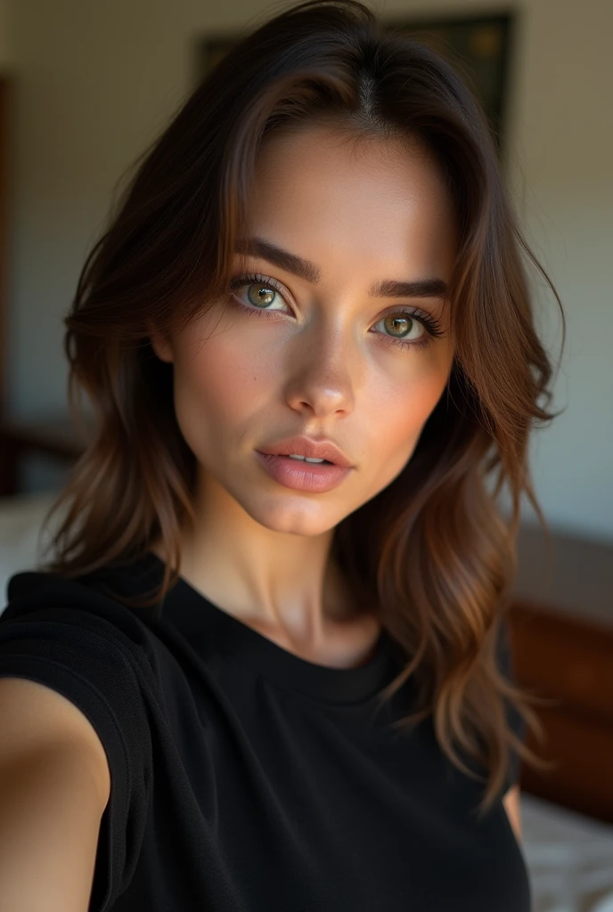 Realistic photography, ultra detailed d'une fille belle et sexy, selfie dans une chambre, porter un t-shirt noir, enjoy, Fille, summer, fille chaude, (((medium bust))), brown-hair, regarde la caméra, symmetrical face and front view, Photorealistic, Photo, Spectacular lighting,, splendid, vest, (head of'artwork), best quality, high resolution, extremely detailed, skin with pores, Blurred background, depth of field, Cinematic lighting