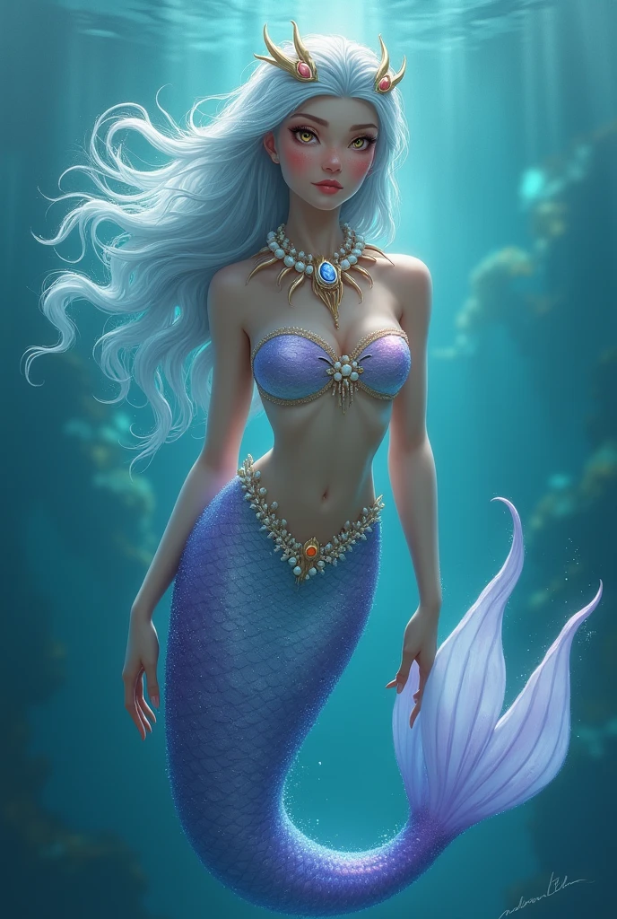 (Masterpiece) 8K resolution, mermaid princess, beauty swimming underwater, beautiful tail fin, ash blue long hair with coral decoration, hazel eyes, turquoise eyes, gentle smile, model style, fantasy style,