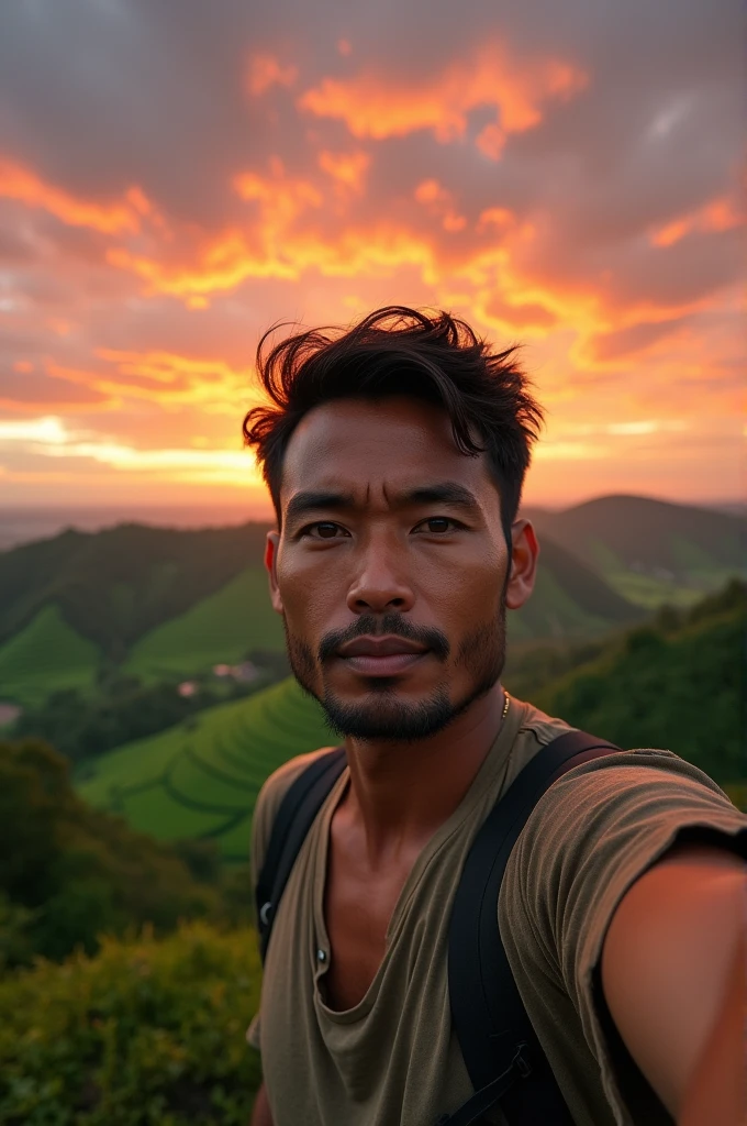 Selfie man ad sunset in bali country indonesian. HD.