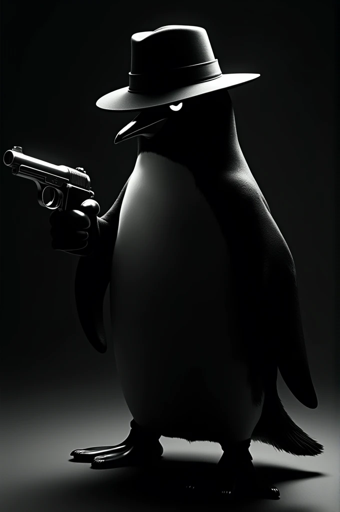 Give me a silhouette mafia penguin wear a hat and a gun pointing in front