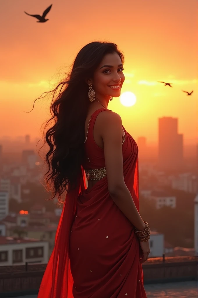 A beautiful Indian woman in her late 25s, with long, wavy black hair that cascades down her back. She has warm brown eyes, a soft smile, and wears a traditional salwar kurti in rich, earthy tones. Her skin is a golden brown, and she carries herself with grace and elegance.

The woman stands alone on a rooftop at sunset, overlooking the city. The sky is a blend of warm oranges and pinks, casting a golden glow on her face. She is deep in thought, her expression a mix of pride and self-assurance, as she believes her heart belongs only to her. The background includes distant city buildings and a few birds flying across the sky, adding to the serene atmosphere..
  