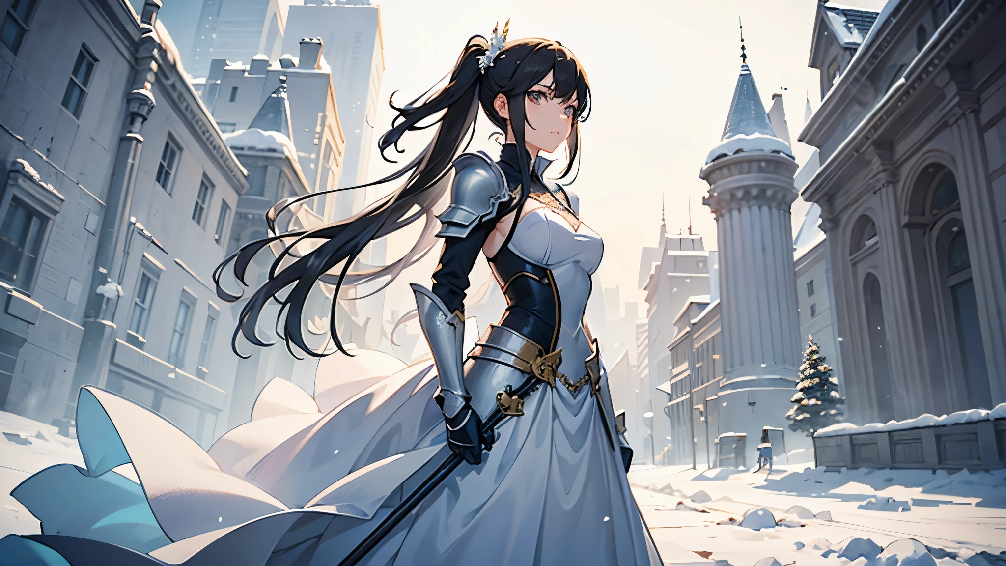 (masterpiece), best quality, expressive eyes, perfect face, A woman standing alone in a snowy field, wearing a short wedding dress and armor, in a proper shooting stance, anime style