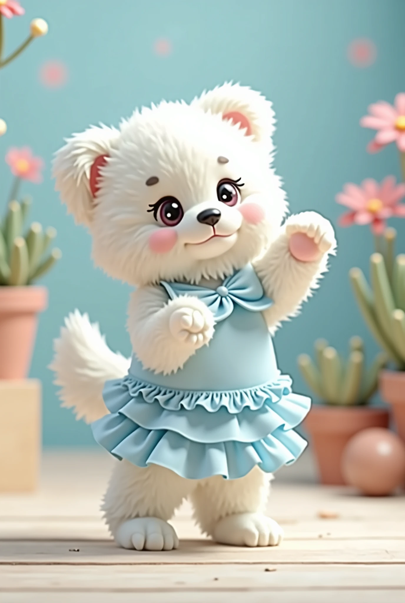 A small puppy dog standing on its hind legs,The cutest white puppy I know,The most adorable looking thing I&#39;ve ever seen!!!,
Cute Background,He dances,
She is wearing a light blue, frilly outfit that looks like a cute idol uniform..