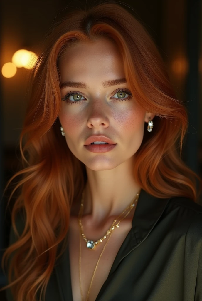 Visage d'une femme de 25 ans. Elle a une peau dorée et bronzée, des cheveux roux longs et lisses, et des yeux verts profonds et perçants, quelques taches de rousseur discrètes. Elle est vêtue d'un chemisier ajusté. Elle est parée de bijoux minimaux mais exquis, tels que des boucles d'oreilles en diamant et un délicat collier en or. L'arrière-plan doit être une suite somptueuse et faiblement éclairée d'un hôtel 5 étoiles, avec une lumière douce qui met en valeur les tons chauds de sa peau et la richesse de sa tenue. L'ambiance générale est celle du mystère et de l'allure, la capturant alors qu'elle regarde l'appareil photo avec confiance, incarnant un mélange de sophistication, d'élégance et de sensualité.