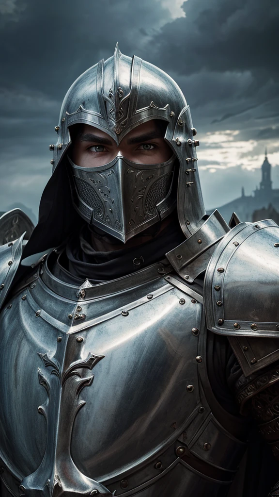 a heavily armored medieval knight, medieval fantasy, highly detailed, intricate armor, detailed metal textures, shining steel, detailed facial features, piercing eyes, heroic pose, majestic cape, dramatic lighting, cinematic composition, epic medieval landscape, cloudy sky, moody atmosphere, gritty realism, masterpiece, 8k, photorealistic