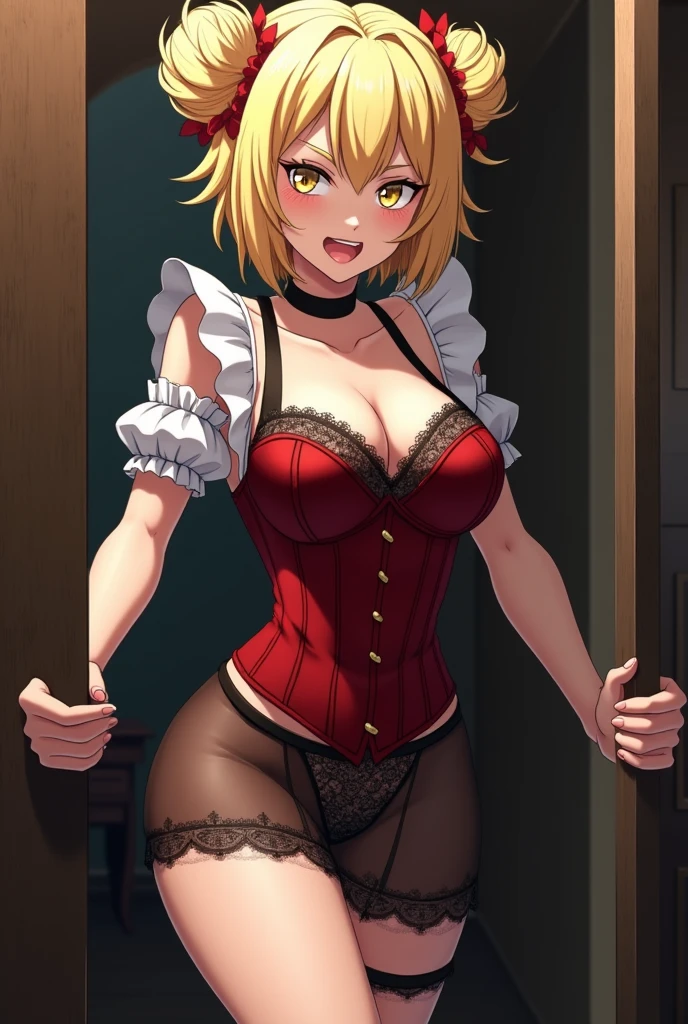 (BNHA style),Himiko Toga,(Alone),Himiko toga,(boku no hero academia),(short blonde hair with two messy pulps in her hair and yellow eyes with cat pupils),Wearing),+,(\A maid uniform with The apron is made of sheer, almost translucent black lace, which barely hides the maid's curvaceous body underneath. The front falls scandalously low, exposing the fullness of her breasts and most of her cleavage. Thin straps hold the apron in place, digging into your shoulders and drawing attention to your toned arms. Her corset is a slinky red number with built-in push-up cups that enhance her already impressive bust size. The corset has a deep V-neckline that disappears into the apron, emphasizing her ample cleavage. Thong-style laces crisscross her back, drawing attention to her narrow waist and the tantalizing hint of her ass. Her miniskirt is made from the same sheer lace as her apron, ending at mid-thigh to give a full view of her toned legs and the red garter belt wrapped around them. The gar