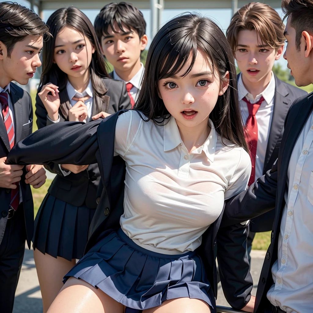 A pure and beautiful girl surrounded by excited high school students, A cute, baby-faced idol-like girl, School uniform is torn and molested, I can see her panties, She is embarrassed to be seen being molested by high school boys and screams with her mouth open., A high school student grabs my breasts from behind, I get wet when a high school student touches my crotch, Anatomically correct, Being molested by a group of men, I was surprised by the viewers' gazes., Beautiful wavy bob hair, blush, Body turns bright red, Wet with sweat, Increased sensitivity, Tears overflow from your beautiful eyes, Ultra-high resolution, Slender body, Japanese, Cowboy Shot