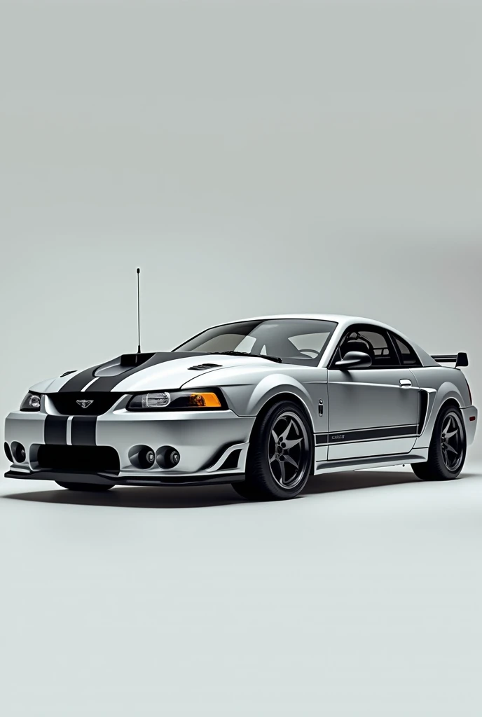 1996 Mustang silver gray with black stripes, gray rims 
