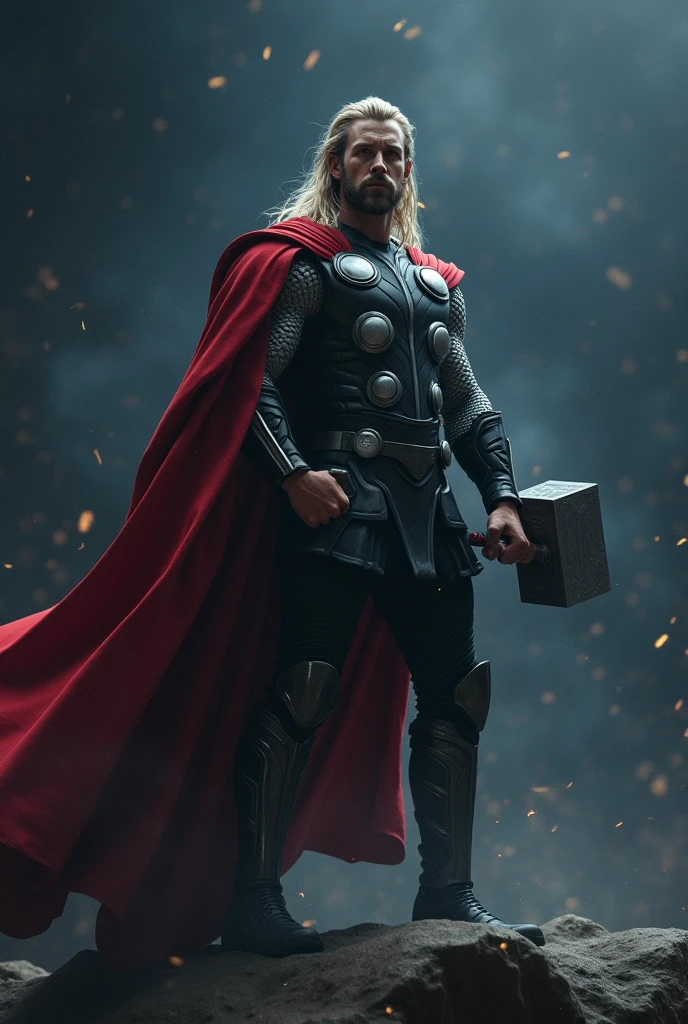 Movie Thor with his hammer in space with black theme