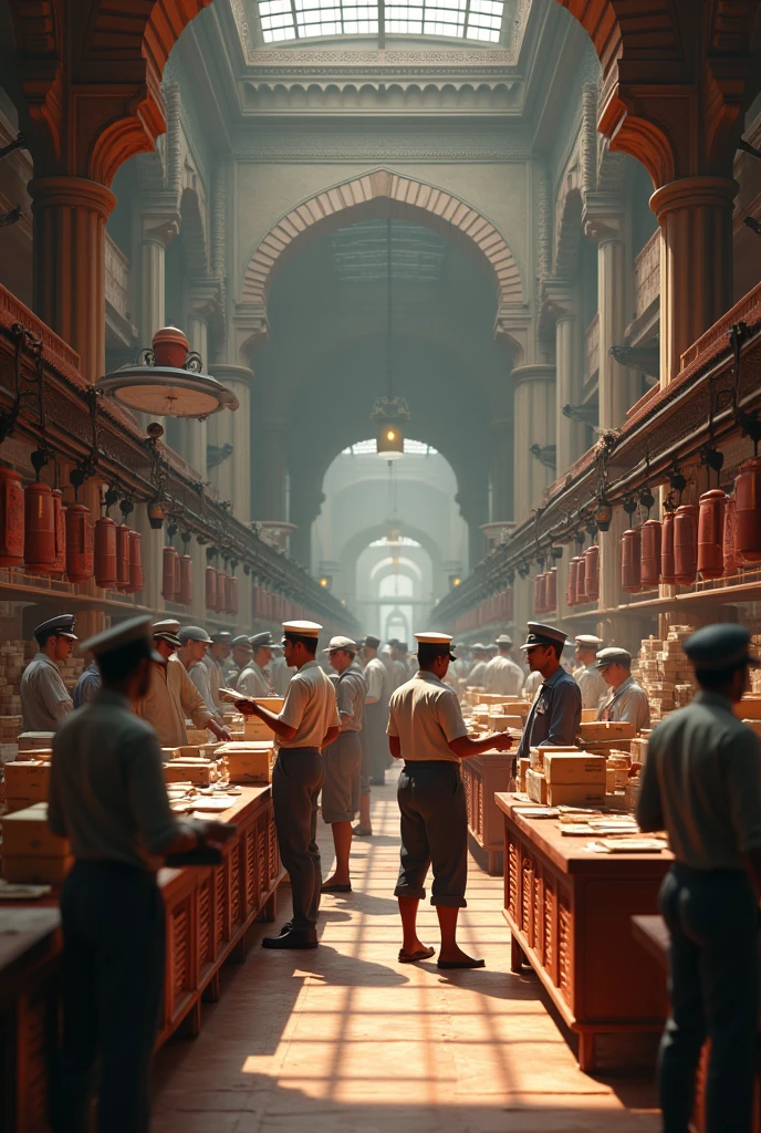 " 3D images style Development of Postal System:** A busy Indian post office scene with British and Indian workers sorting and distributing letters and parcels, showing the modernization of communication under British rule.