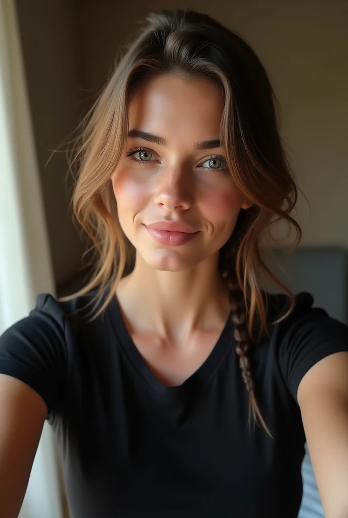 Realistic photography, ultra detailed d&#39;une fille belle et sexy, selfie dans une chambre, porter un t-shirt noir, enjoy, Fille, summer, fille chaude, (((medium bust))), brown-hair, regarde la caméra, symmetrical face and front view, Photorealistic, Photo, Spectacular lighting,, splendid, vest, (head of&#39;artwork), best quality, high resolution, extremely detailed, skin with pores, Blurred background, depth of ﬁeld, Cinematic lighting