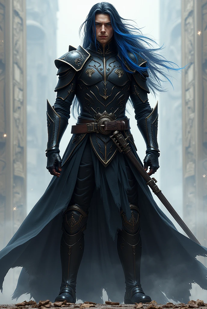 Create a tall, strong and handsome man, with a slightly youthful appearance, he has long black hair with blue tips, wearing black armor with two swords.