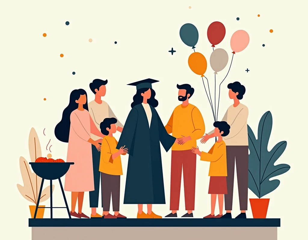 Poster of a family celebrating at a barbecue on the occasion of a family member's graduation, Make the characters abstract so that their faces are not visible and the barbecue is on a rooftop, The graduate is a 22-year-old woman, have him appear in cap and gown