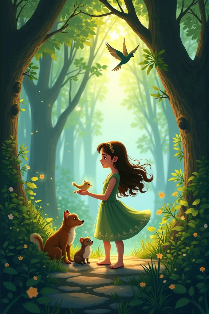 / imagine prompt lush, enchanted forest, lived a kind-hearted girl named Elara who had a magical gift—she could speak to animals.", -- ar 16:9