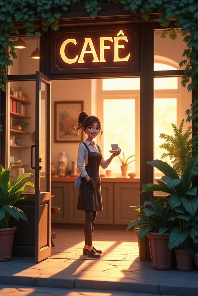Realistic entrance of an illuminated cafe, with plants, books, paintings. At the entrance a female Barista with a cup of coffee in her hand and a smile on her face. He addresses the audience with enthusiasm.