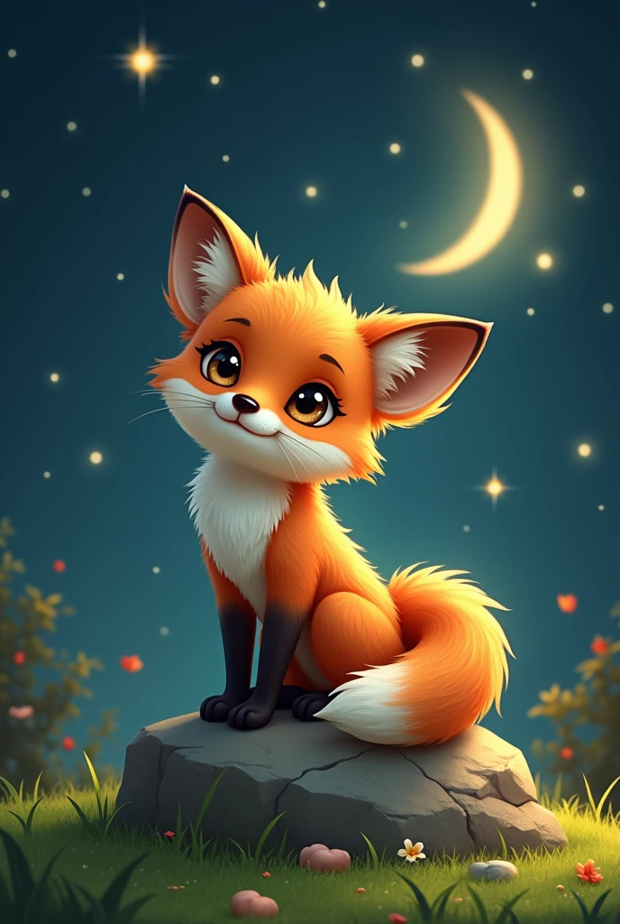 Cute Baby fox ,sitting on rock,Green Grass ON groundblack Background with moon,mystical spotlight,cartoon, Steampunk ,bokeh