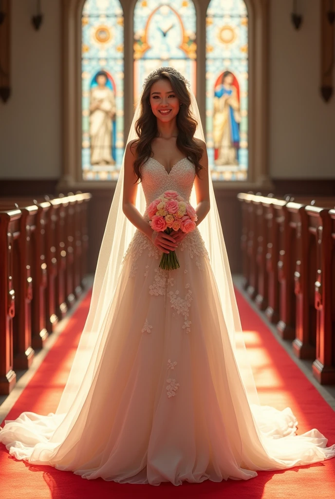 (((bust)))((Works by professional wedding photographers))(( masterpiece. real photos. Super high quality))AMY put on her carefully selected.The most beautiful designs by famous designers.The most gorgeous.The most noble wedding dress.Standing on the red carpet in a church with stained glass.She has a happy smile on her face.She held a large bouquet of bright roses in her hands.And AMY is more beautiful than flowers.