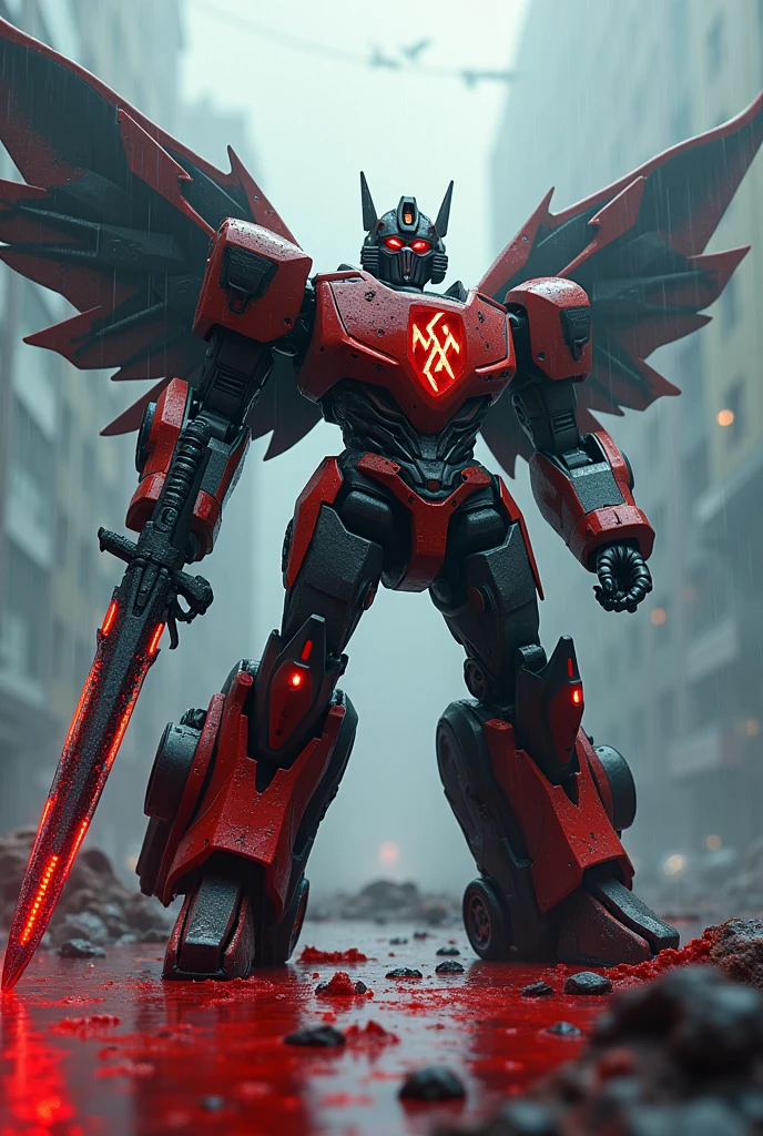 Create a 3D animated robot transformers with Nazi symbology, neo-nazi, Nazism and swastika with epic fighting poses and add to the scene poses of artistic sculptures stepping on their enemies soaked in red fluid, the atmosphere is cold, It's raining and it's dark, There are background gunshots and robots fighting, the protagonist has wings, a big sword and a big futuristic gun. Adolf Hitler in front pointing euphorically at the Nazi swastika