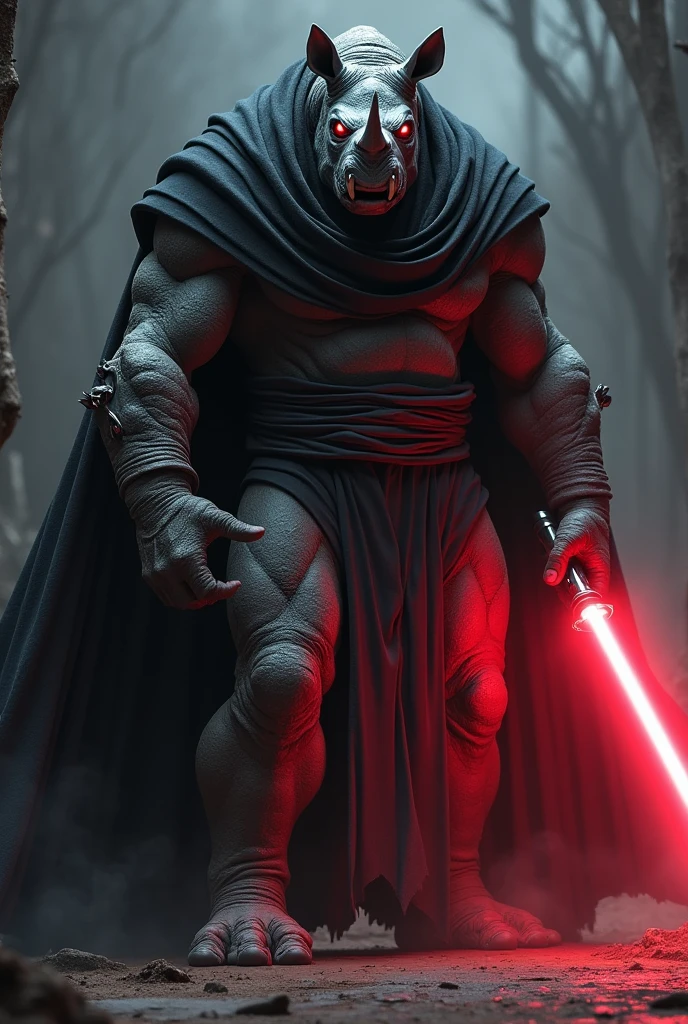 A Sith from Star Wars, mix of rhino and human, only two blunt big teeth, gray scarred skin, black cloak with hood, dark atmosphere, scary, frightening, red lightsaber, ultra-realistic