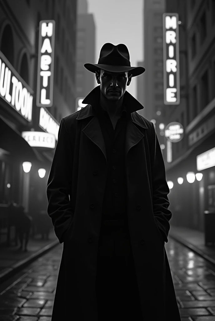 Create a noir detective in black & white movie style