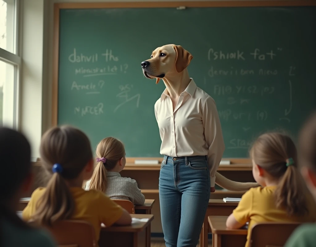 (raw photo, best quality) , (Realistic, photo-realistic: 1.4), extremely formidable general plan, masterpiece, ultra-detailed, high resolution, best illustration, best shadow, complex, depth of field, beautiful female anthropomorphic labrador who can walk on both hind legs, she’s wearing blue jeans, white blouse, she has a tail she’s in a classroom and she’s teaching to young children, Photorealist style 8k, DSLR, high quality, (film grain: 1.4), Fujifilm XT3,