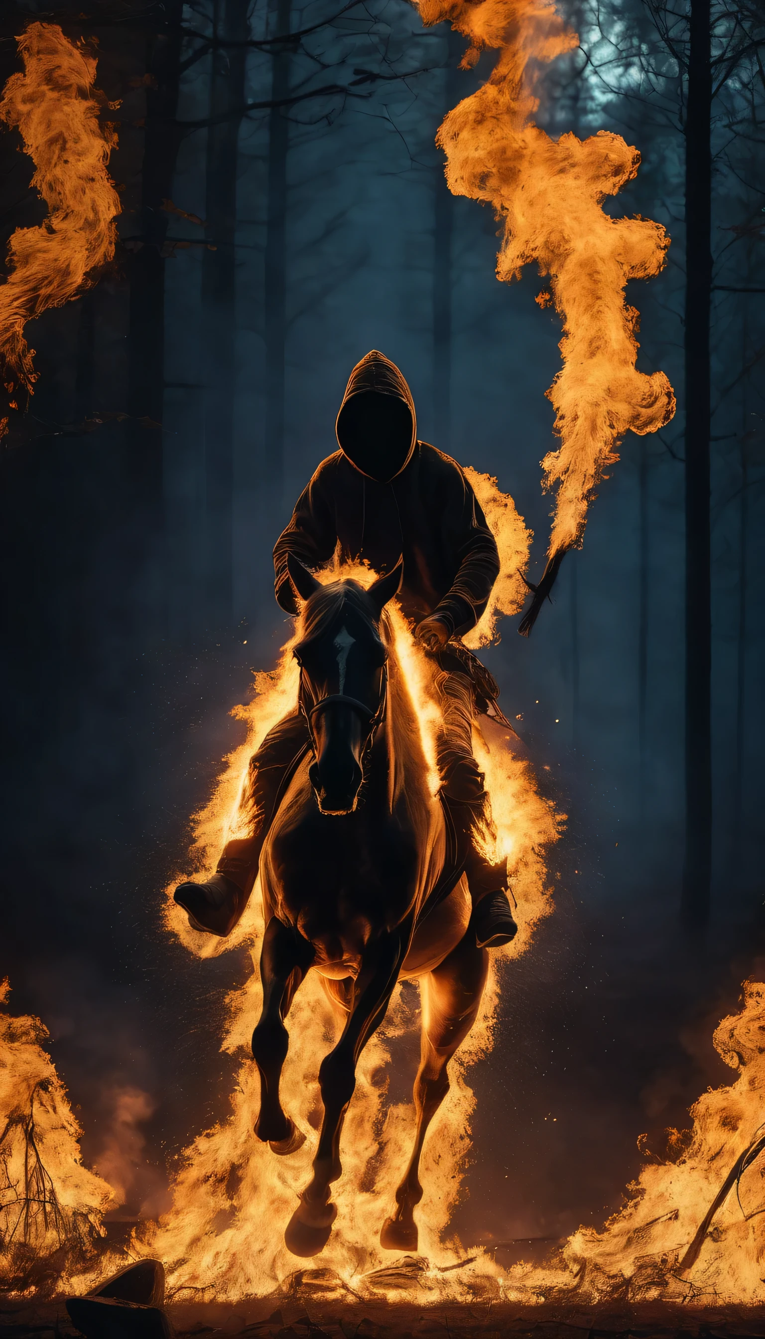 night time , Silhouette man hiding tk face in burning hoodies was riding on burning with fire skeleton of horse, hands olding a burning pumpkins, octane renders , cinematic lighting, dark forest background, ultra definition, photorealistic